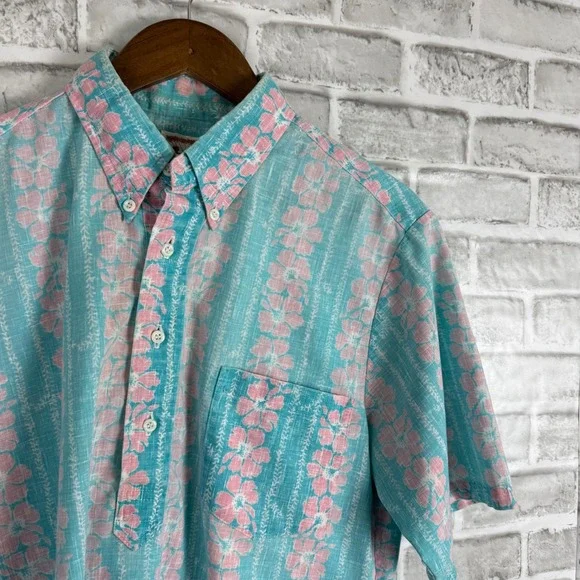 Kahala Vintage Hawaii Mens Medium Blue Pink Floral Stripe Pullover Aloha Shirt - Picture 2 of 6
